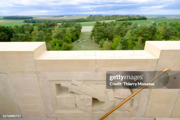 Agricultures fields from the Marne plain are seen from the Sommepy American Monument on September 16, 2023 in Sommepy-Tahure, Grand Est, France. The...