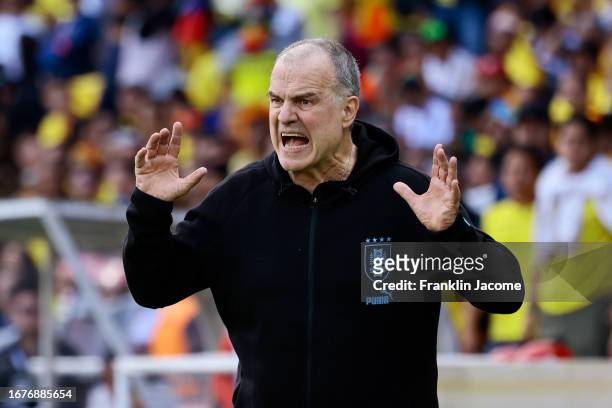 Marcelo Bielsa, head coach of Uruguay, reacts during a FIFA World Cup 2026 Qualifier match between Ecuador and Uruguay at Estadio Rodrigo Paz Delgado...
