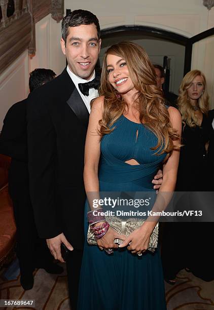 Sofia Vergara and Nick Loeb attend the Bloomberg & Vanity Fair cocktail reception following the 2013 WHCA Dinner at the residence of the French...