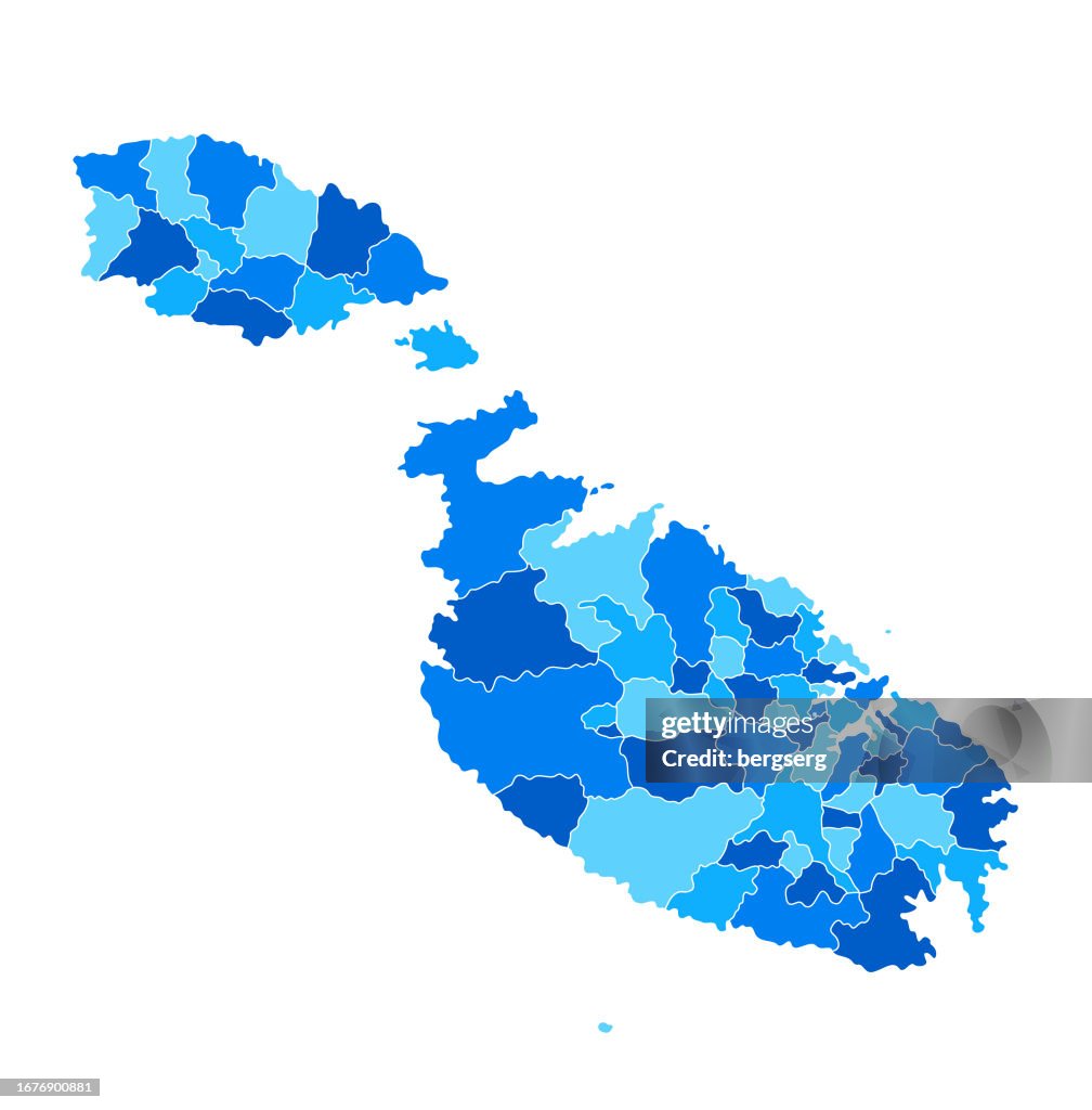 Mappa blu di Malta altamente dettagliata con regioni e confine nazionale