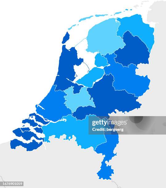 stockillustraties, clipart, cartoons en iconen met high detailed netherlands blue map with regions and national borders of belgium, germany, denmark, united kingdom - benelux