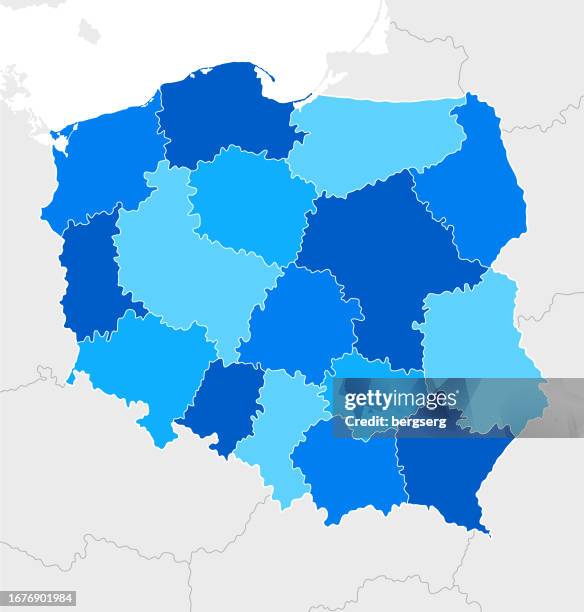 high detailed poland blue map with regions and national borders of germany, slovakia, czech republic, belarus, lithuania, ukraine, denmark - slovakia map stock illustrations