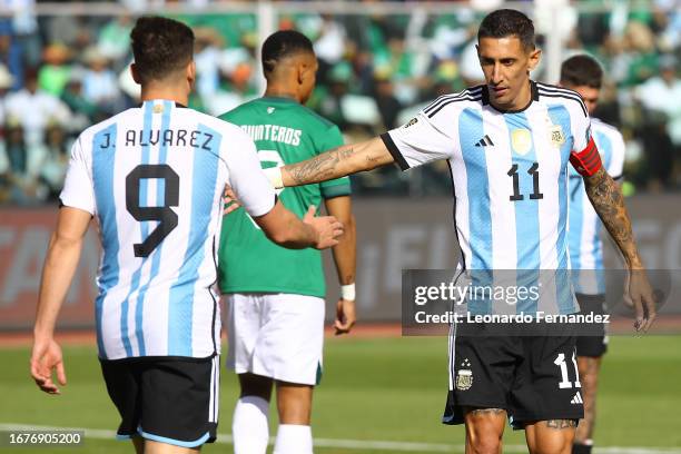 Angel Di Maria of Argentina greets Julian Alvarez of Argentina during a FIFA World Cup 2026 Qualifier match between Bolivia and Argentina at Hernando...