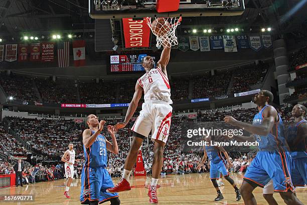 Terrence Jones of the Houston Rockets dunks the ball during the Game Three of the Western Conference Quarterfinals between the Houston Rockets and...