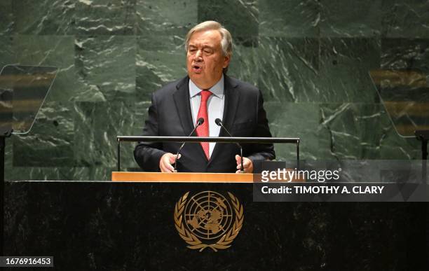 Secretary-General Antonio Guterres addresses the 78th United Nations General Assembly at UN headquarters in New York City on September 19, 2023.