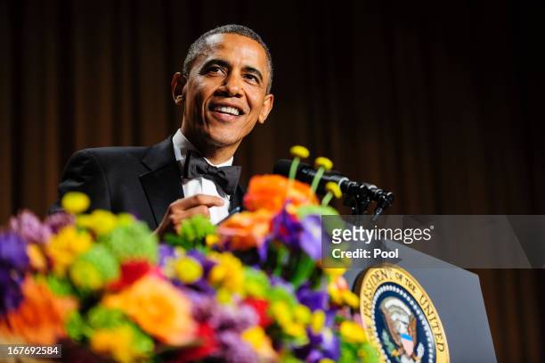 President Barack Obama tells jokes poking fun at himself as well as others during the White House Correspondents' Association Dinner on April 27,...