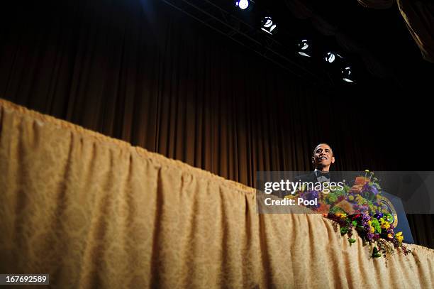 President Barack Obama tells jokes poking fun at himself as well as others during the White House Correspondents' Association Dinner on April 27,...