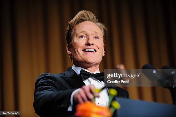 Comedian Conan O'Brien delivers a comedy routine during the White House Correspondents' Association Dinner on April 27, 2013 in Washington, DC. The...