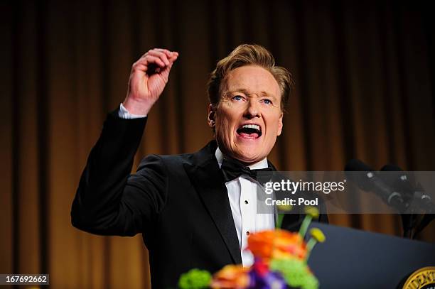 Comedian Conan O'Brien delivers a comedy routine during the White House Correspondents' Association Dinner on April 27, 2013 in Washington, DC. The...