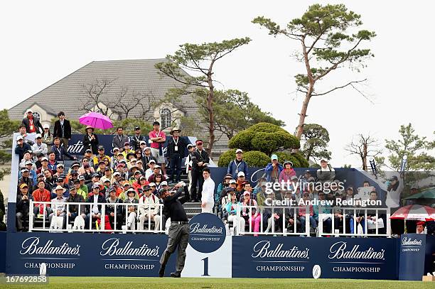 Pablo Larrazabal of Spain in action during the final round of the Ballantine's Championship at Blackstone Golf Club on April 28, 2013 in Icheon,...