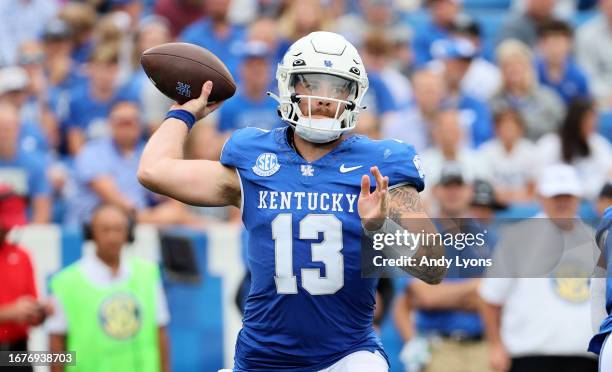 Devin Leary of the Kentucky Wildcats against the EKU Colonels at Kroger Field on September 09, 2023 in Lexington, Kentucky.