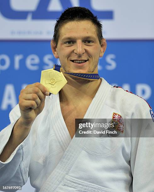 Lukas Krpalek of the Czech Republic poses with his u100kgs gold medal during the Budapest European Championships at the Papp Laszlo Sports Hall on...