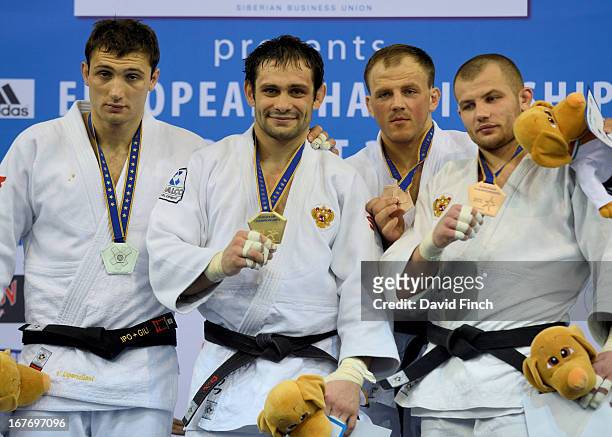 Under 90kgs medallists : silver medalist Varlam Liparteliani , gold medalist Kirill Denisov , bronze medalists Karolis Bauza and Kirill Voprosov...