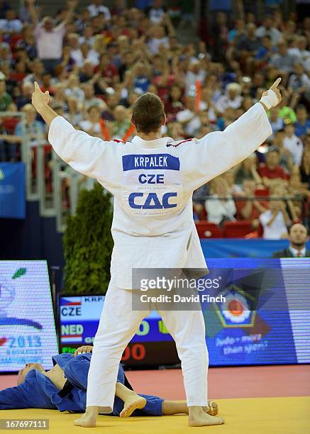 Lukas Krpalek of the Czeck Republic celebrates defeating former World champion Henk Grol of Holland for the u100kgs gold medal during the Budapest...