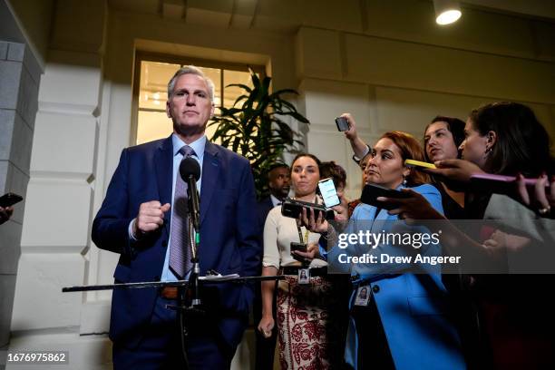 Speaker of the House Kevin McCarthy addresses reporters after a House Republican caucus meeting at the U.S. Capitol on September 19, 2023 in...