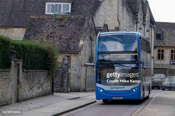 Local public transport bus service on 13th September 2023 in Cirencester, United Kingdom. Cirencester is a market town in Gloucestershire. It is the...