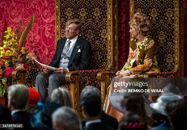 Dutch King Willem-Alexander, flanked by Dutch Queen Maxima reads the Speech from the Throne to members of the Senate and House of Representatives on...