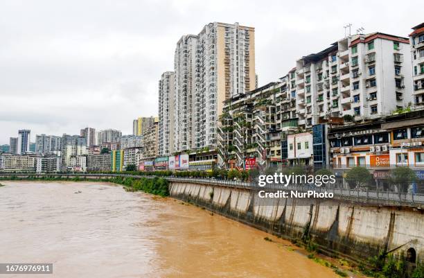 Flood waters rise in the Tongjiang River basin in Tongjiang County, Bazhong City, Sichuan province, China, September 19, 2023.