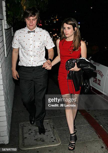 Evan Peters and Emma Roberts are seen at Chateau Marmont on April 27, 2013 in Los Angeles, California.