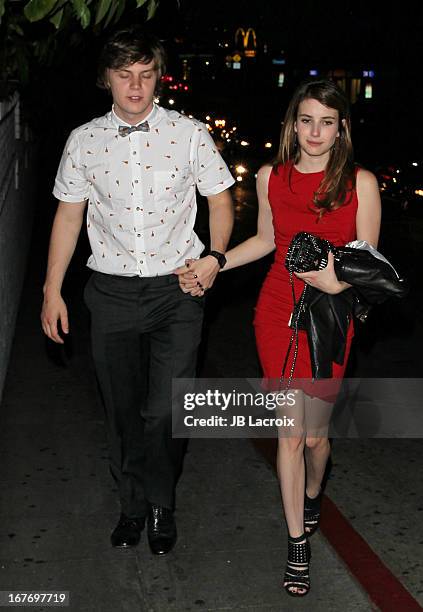 Evan Peters and Emma Roberts are seen at Chateau Marmont on April 27, 2013 in Los Angeles, California.