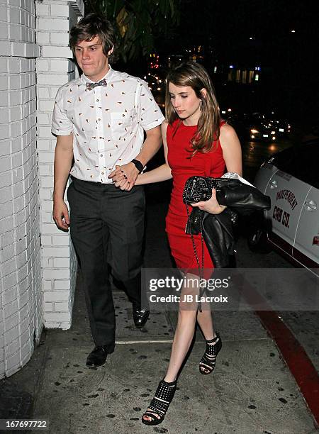 Evan Peters and Emma Roberts are seen at Chateau Marmont on April 27, 2013 in Los Angeles, California.