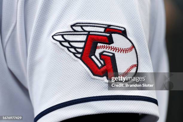 Detail of the Cleveland Guardians logo patch on the uniform during the seventh inning against the Minnesota Twins at Progressive Field on September...