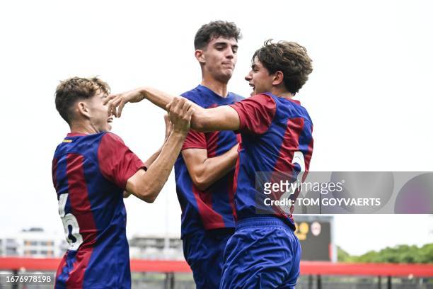 Barcelona's Alexis Olmedo celebrates after scoring during a soccer game between Spanish FC Barcelona and Belgian Royal Antwerp FC, on Tuesday 19...