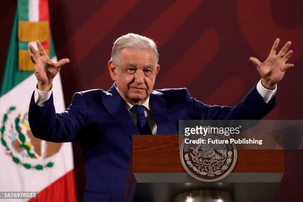 September 18 Mexico City, Mexico: The president of Mexico, Andres Manuel Lopez Obrador at the press conference before reporters at the National...