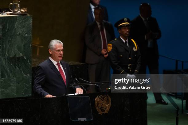 President of Cuba, Miguel Díaz-Canel Bermúdez, addresses the 78th session of the United Nations General Assembly at U.N. Headquarters on September...