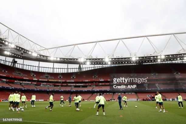 Players during training ahead of the UEFA Champions League match against Arsenal FC at the Emirates Stadium on September 19, 2023 in London, United...