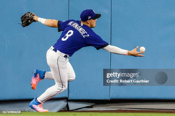 Los Angeles, CA, Monday, September 18, 2023 - Los Angeles Dodgers shortstop Enrique Hernandez chases down a third inning double hit by Detroit Tigers...