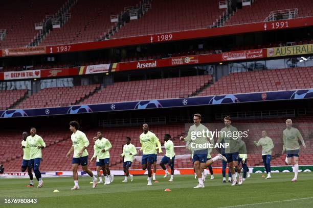 Players during training ahead of the UEFA Champions League match against Arsenal FC at the Emirates Stadium on September 19, 2023 in London, United...