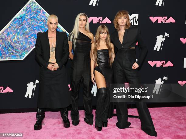 Damiano David, Ethan Torchio, Victoria De Angelis and Thomas Raggi of Måneskin attend the 2023 MTV Video Music Awards at the Prudential Center on...