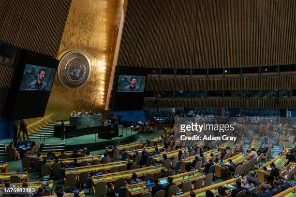 President of Ukraine Volodymyr Zelensky addresses the 78th session of the United Nations General Assembly at U.N. Headquarters on September 19, 2023...