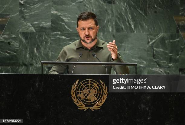Ukrainian President Volodymyr Zelensky addresses the 78th United Nations General Assembly at UN headquarters in New York City on September 19, 2023.