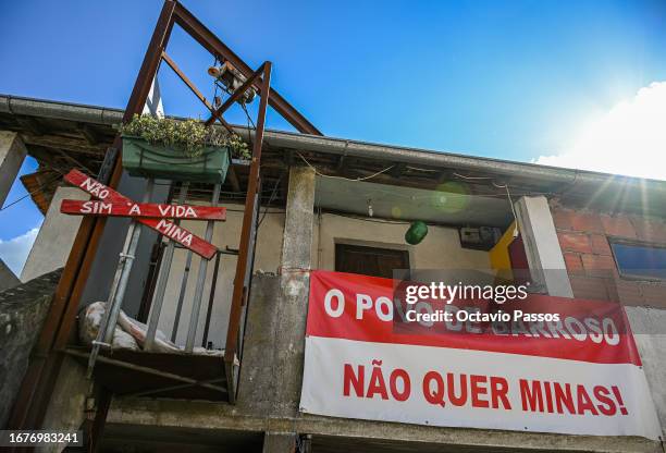 Inscriptions with the phrase "Não à Mina" are seen in the village of Covas do Barroso on September 19, 2023 in Covas do Barroso, Boticas, Portugal....