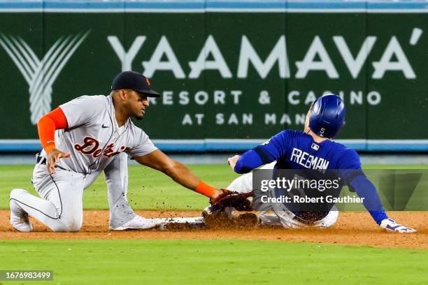 Los Angeles, CA, Monday, September 18, 2023 - Detroit Tigers second baseman Andy Ibanez is too late to tag Los Angeles Dodgers first baseman Freddie...