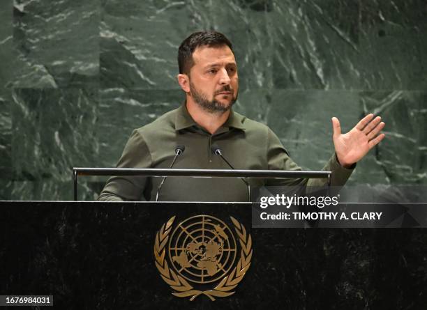 Ukrainian President Volodymyr Zelensky addresses the 78th United Nations General Assembly at UN headquarters in New York City on September 19, 2023.