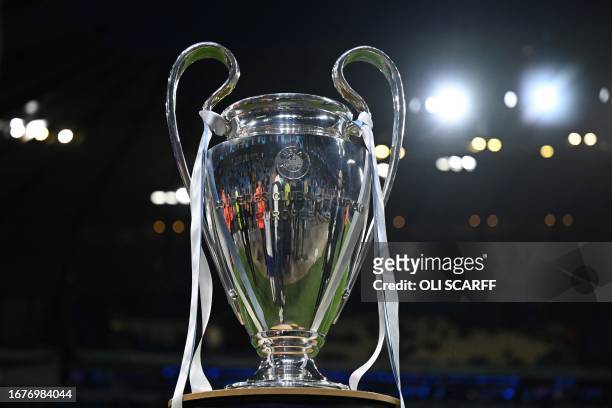 The Champions League trophy is displayed prior to the UEFA Champions League Group G football match between Manchester City and FC Crvena Zvezda at...