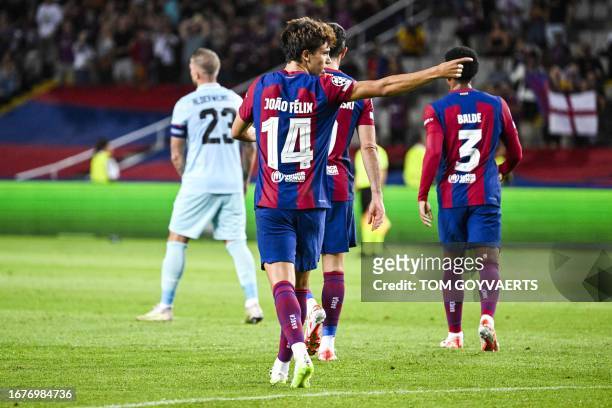 Barcelona's Joao Felix celebrates after scoring during a soccer game between Spanish FC Barcelona and Belgian Royal Antwerp FC, on Tuesday 19...