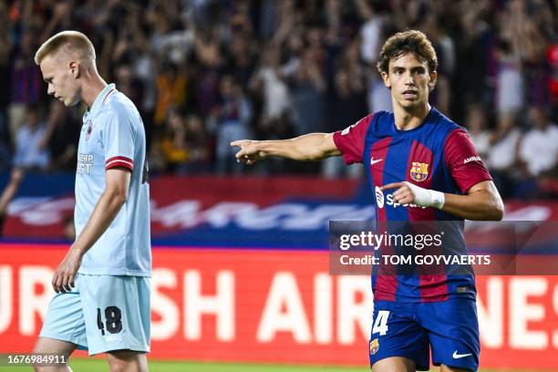 Barcelona's Joao Felix celebrates after scoring during a soccer game between Spanish FC Barcelona and Belgian Royal Antwerp FC, on Tuesday 19...