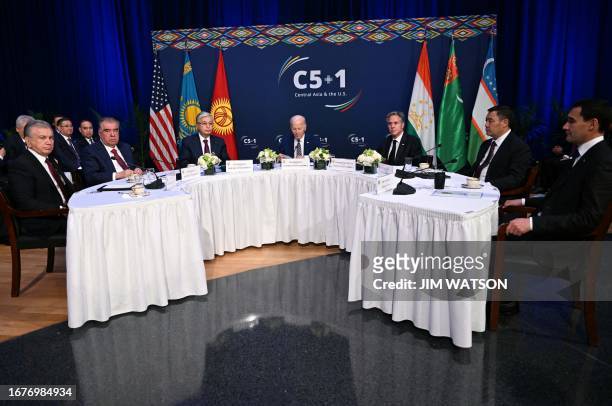 President Joe Biden and US Secretary of State Antony Blinken participate in a meeting of the Central Asia 5 + 1, with Kazakhstan's President...