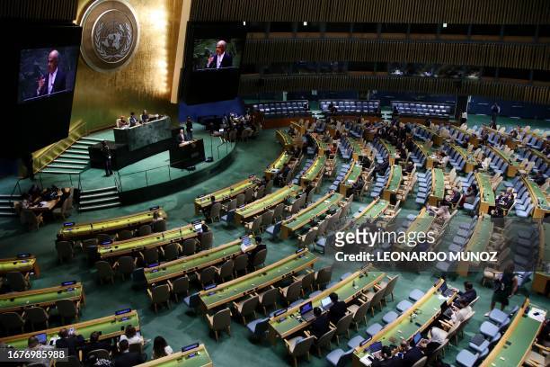 Swiss President Alain Berset addresses the 78th United Nations General Assembly at UN headquarters in New York City on September 19, 2023.