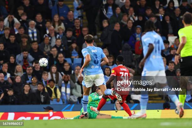 Osman Bukari of Red Star Belgrade / FK Crvena Zvezda scores a goal to make it 0-1 during the UEFA Champions League match between Manchester City and...