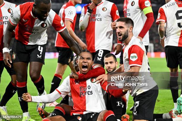 Feyenoord's Calvin Stengs celebrates after scoring during the UEFA Champions League Group E football match between Feyenoord and Celtic FC at the...