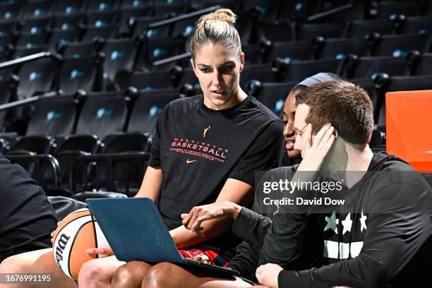 Elena Delle Donne of the Washington Mystics watches film before the game against the New York Liberty during the 2023 WNBA Playoffs on September 19,...