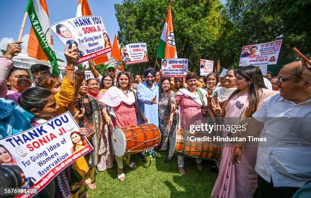Congress leaders, Arvinder Singh Lovely and others along with supporters celebrates to thank Congress leader Sonia Gandhi for her constant pursual on...