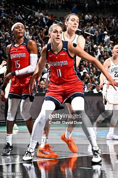 Elena Delle Donne of the Washington Mystics boxes out Breanna Stewart of the New York Liberty during the 2023 WNBA Playoffs on September 19, 2023 in...