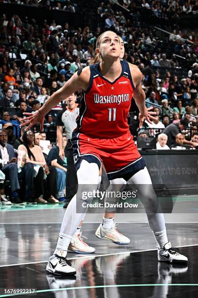 Elena Delle Donne of the Washington Mystics boxes out against the New York Liberty during the 2023 WNBA Playoffs on September 19, 2023 in Brooklyn,...