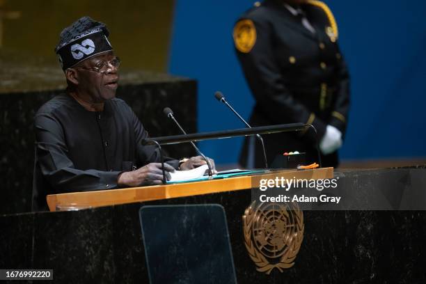President Bola Ahmed Tinubu of Nigeria addresses the 78th session of the United Nations General Assembly at U.N. Headquarters on September 19, 2023...